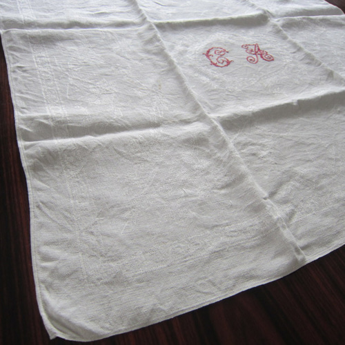 麻ダマスク織 テーブルナプキン 赤イニシャル刺繍リネン フランス