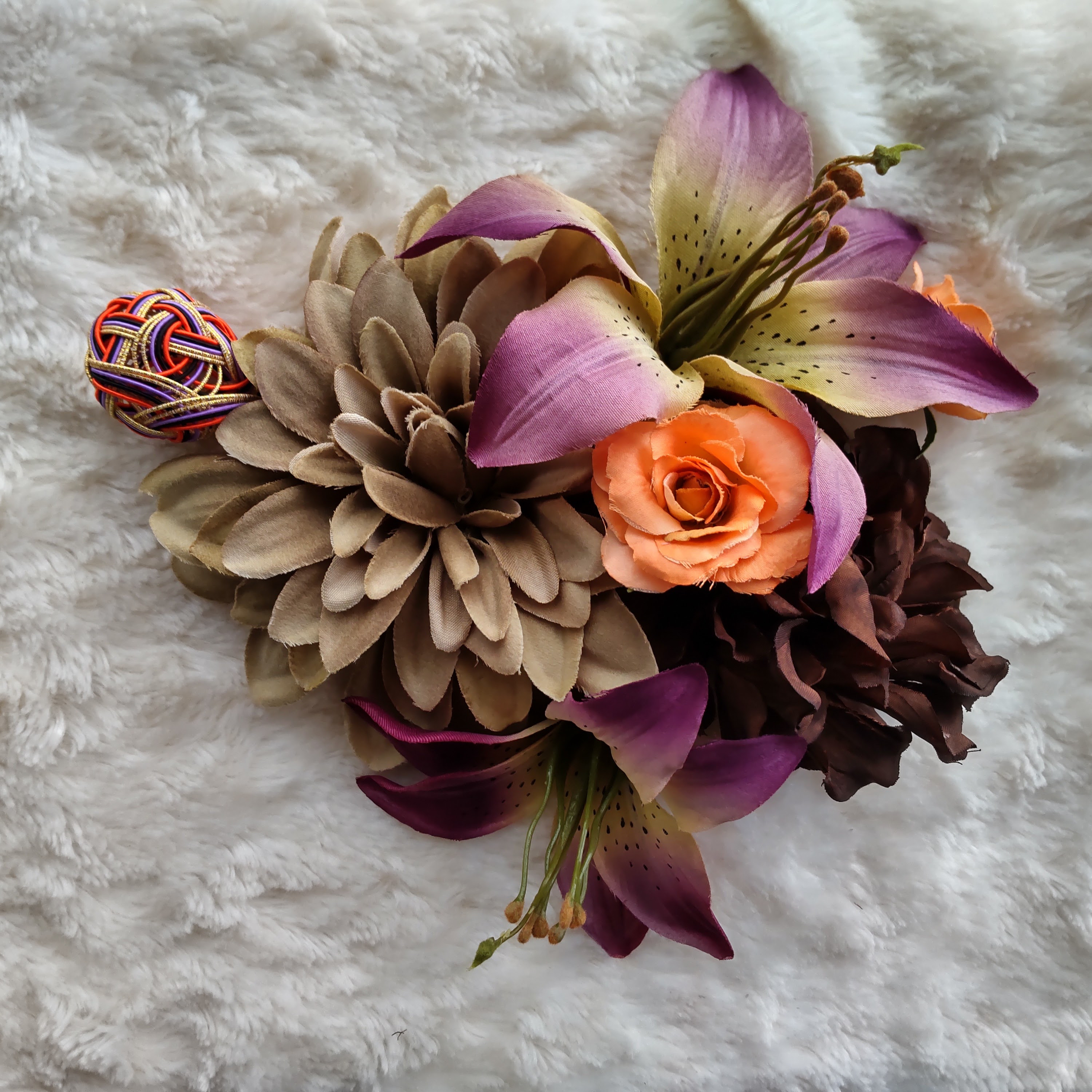 造花髪飾り　紫百合　ダリア　バラ　手毬