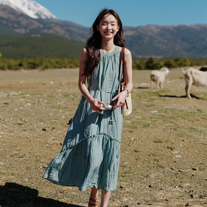青     半袖    ロングスカート   ワンピース