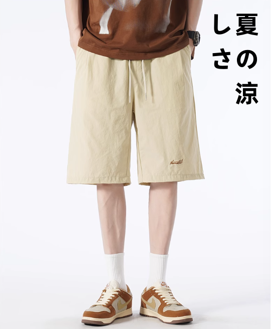 刺繍グレーのアイスショートパンツ男性夏の薄手スポーツカジュアル5分ズボン速乾ビッグサイズストレートゆったり