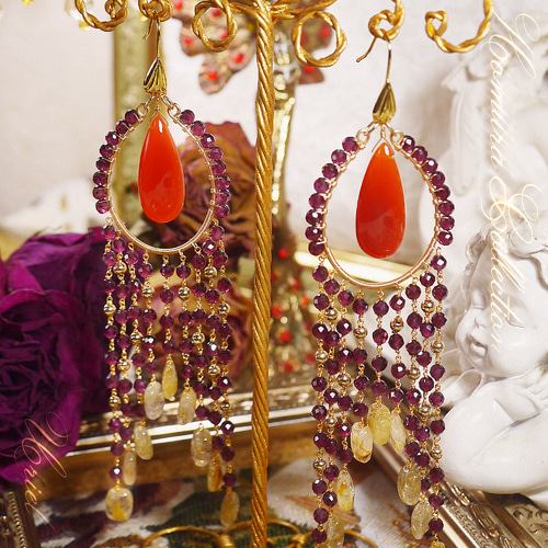 14kgf 一点物 シャンデリア ピアス ガーネット ルチルクォーツ