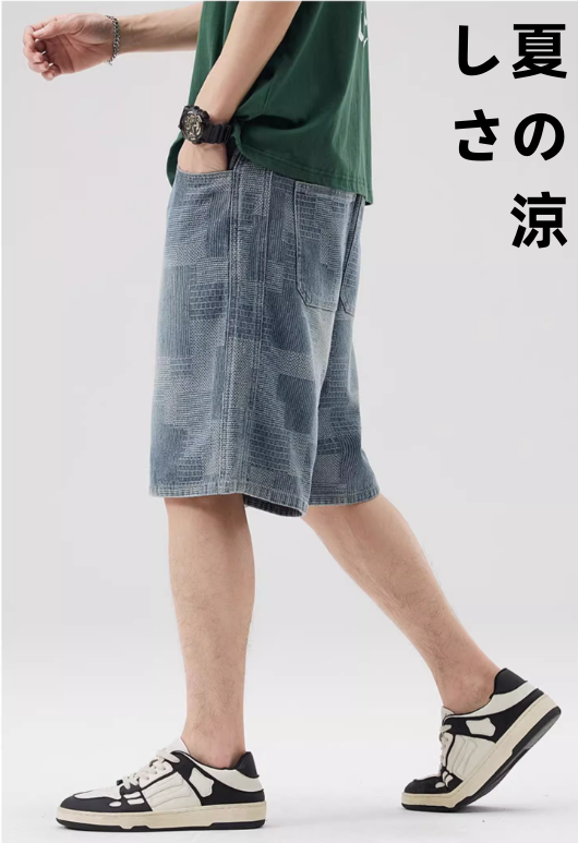 デニムパンツメンズ夏薄手2025新型星空柄ストレートゆったりカジュアル5分丈パンツ