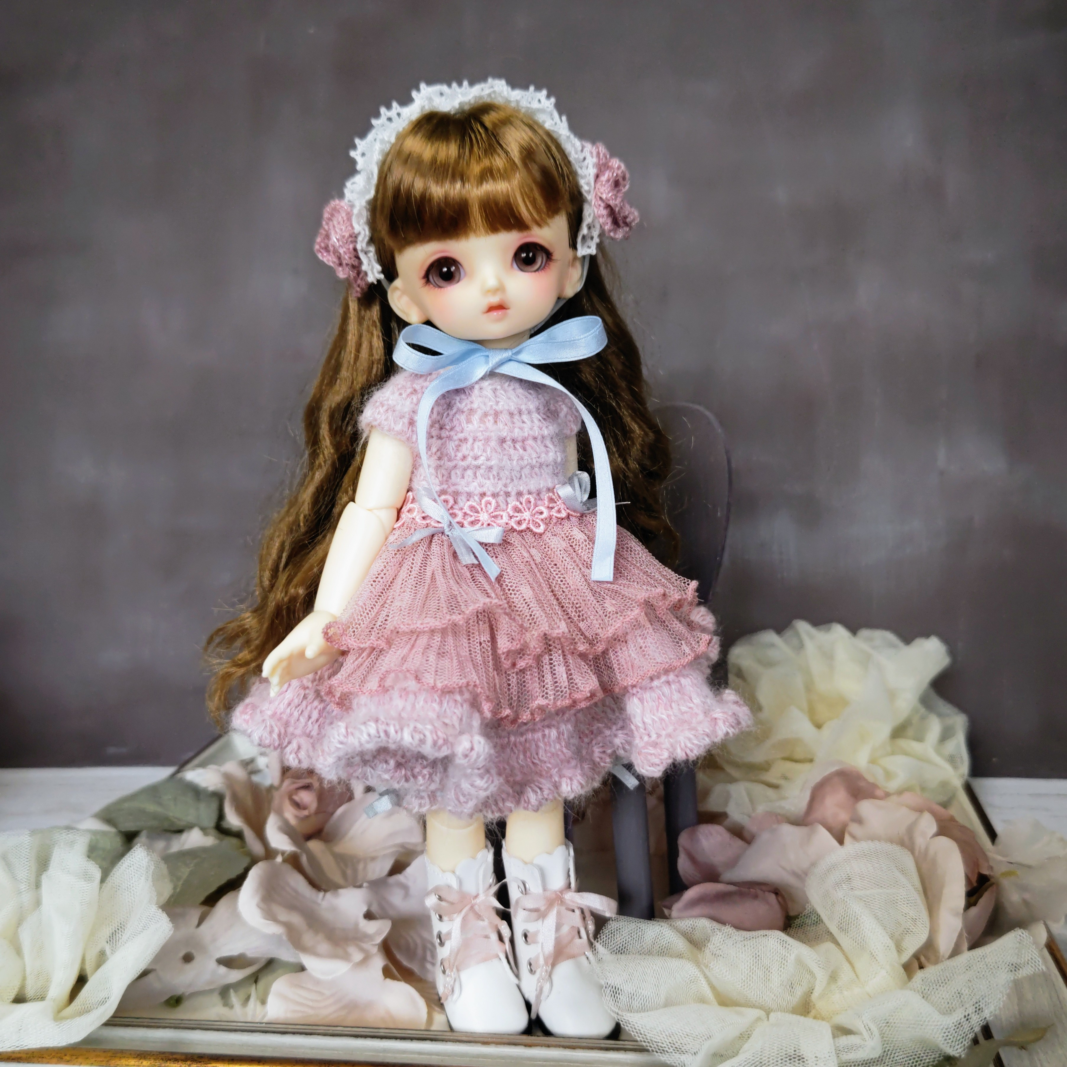 身長約26cmサイズ♡たっぷりフレアスカートのドロワーズオールインワンワンピースとヘッドドレス