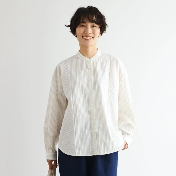 実用性と上品さを兼ね備えたストライプシャツ コットンジャガードストライプシャツ　ベージュ＊ホワイト　250507-2 9枚目の画像