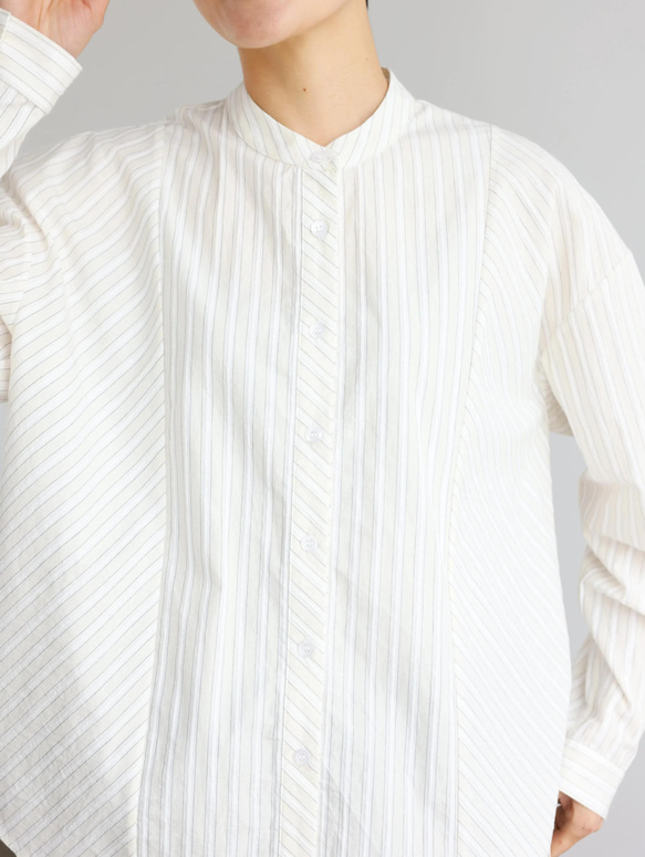 実用性と上品さを兼ね備えたストライプシャツ コットンジャガードストライプシャツ　ベージュ＊ホワイト　250507-2 6枚目の画像