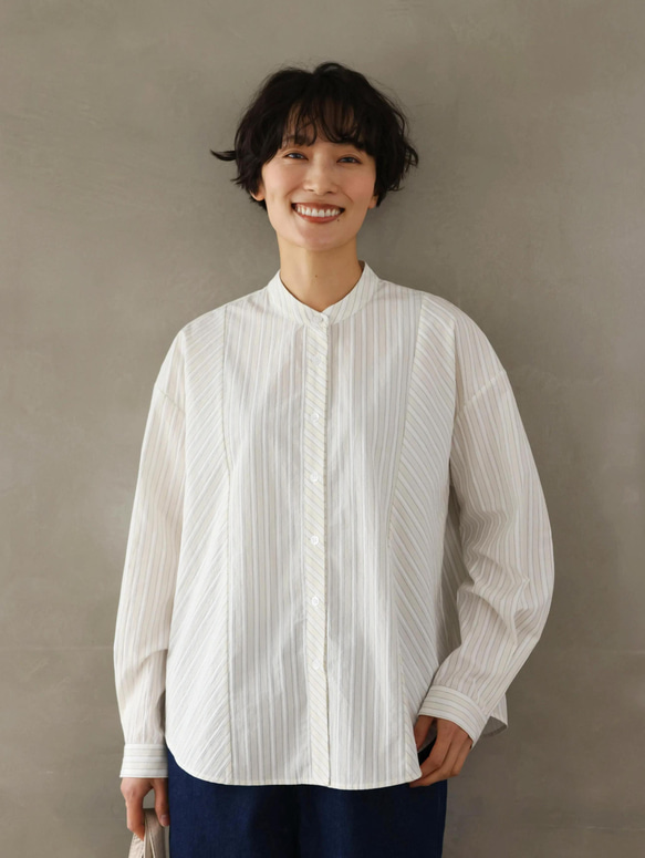 実用性と上品さを兼ね備えたストライプシャツ コットンジャガードストライプシャツ　ベージュ＊ホワイト　250507-2 7枚目の画像