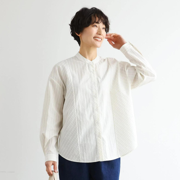 実用性と上品さを兼ね備えたストライプシャツ コットンジャガードストライプシャツ　ベージュ＊ホワイト　250507-2 12枚目の画像