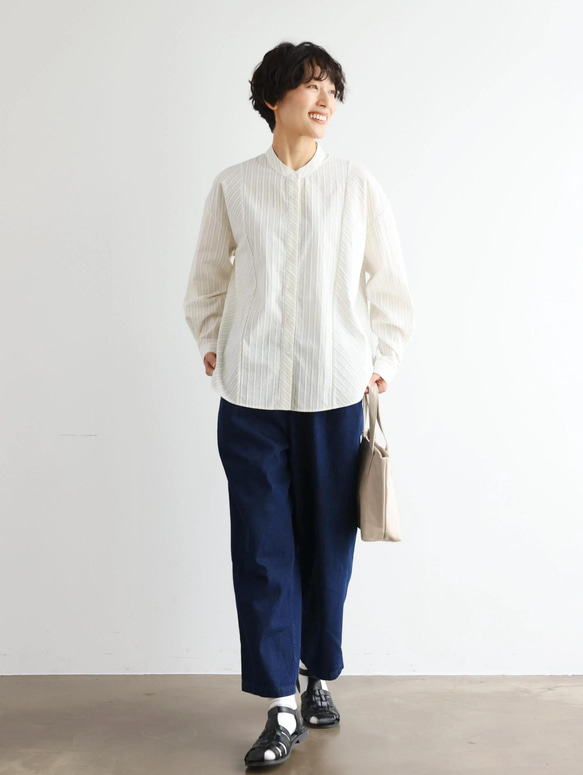 実用性と上品さを兼ね備えたストライプシャツ コットンジャガードストライプシャツ　ベージュ＊ホワイト　250507-2 10枚目の画像