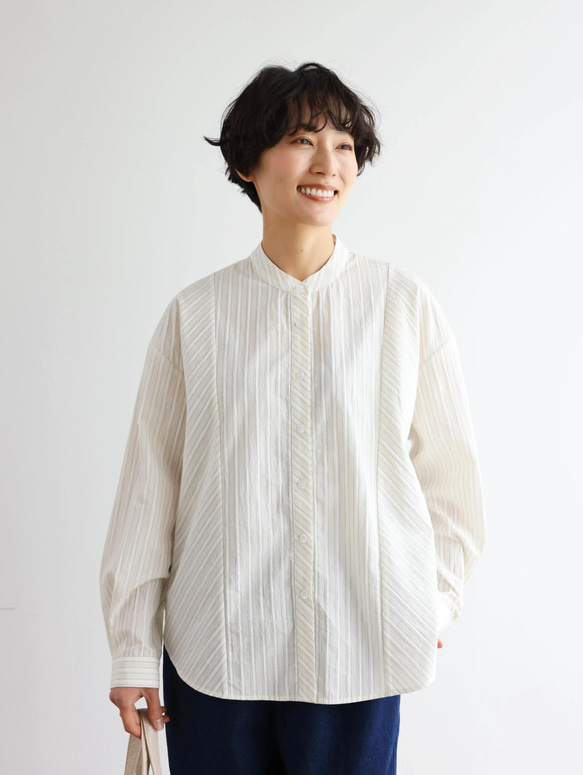 実用性と上品さを兼ね備えたストライプシャツ コットンジャガードストライプシャツ　ベージュ＊ホワイト　250507-2 2枚目の画像