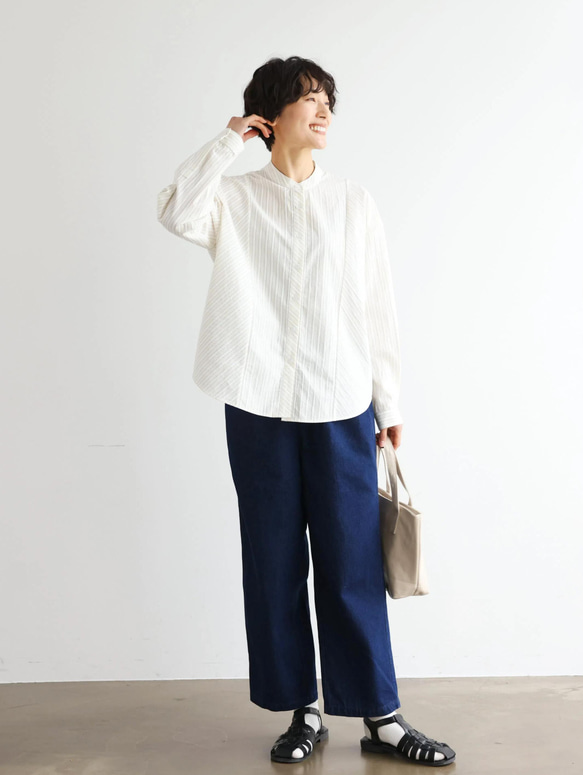 実用性と上品さを兼ね備えたストライプシャツ コットンジャガードストライプシャツ　ベージュ＊ホワイト　250507-2 11枚目の画像