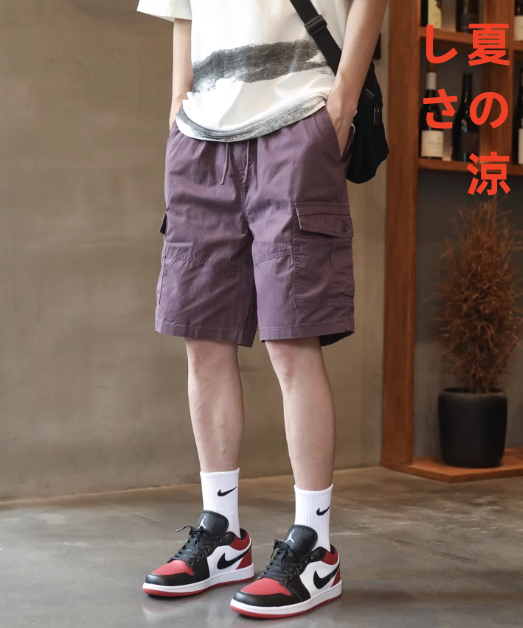 工装半ズボン男性モデル夏2025新型ゆったりストレートカジュアル外は紫5分ズボン