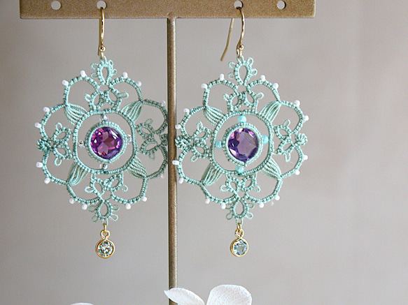 K14GF/天然石】タティングレースピアス（イヤリング変更可）アメジスト