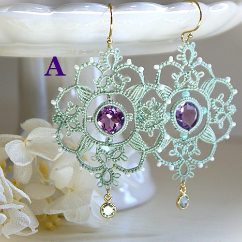 K14GF/天然石】タティングレースピアス（イヤリング変更可）アメジスト