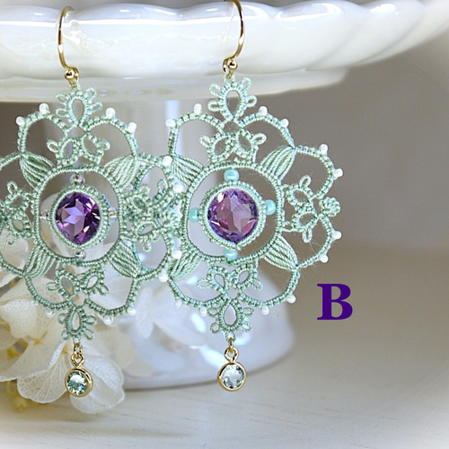 K14GF/天然石】タティングレースピアス（イヤリング変更可）アメジスト