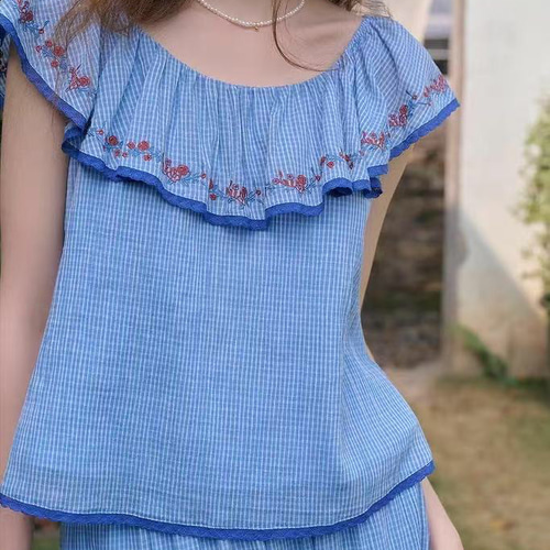 刺繍入りフリルブラウス ロングスカート ギャザースカート ワンピース