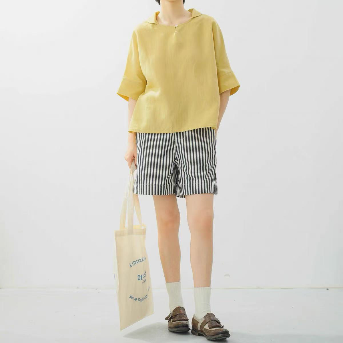 五分袖ブラウス　トップス　綿麻