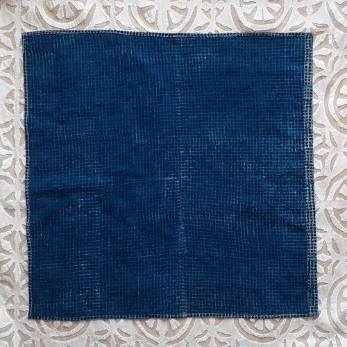 藍染め ブロックプリント インド綿バンダナ～ 格子柄 藍色〈 indigo