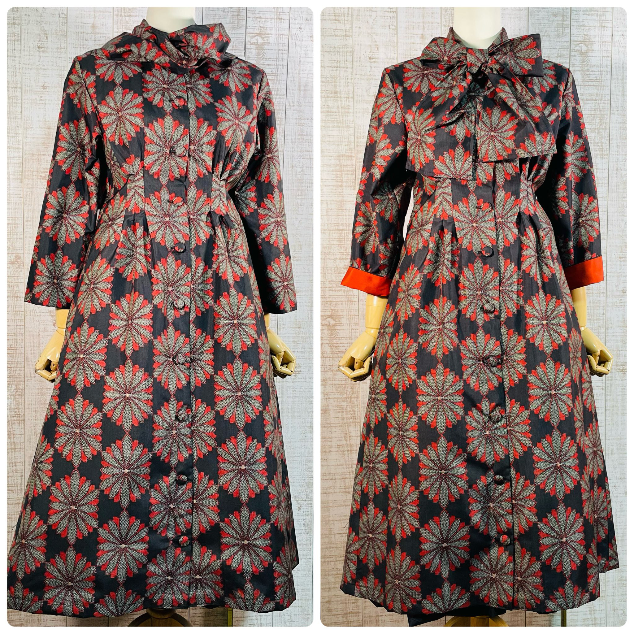 正絹大島紬菊模様リボンタイ＆タックワンピースＭ～Ｌ