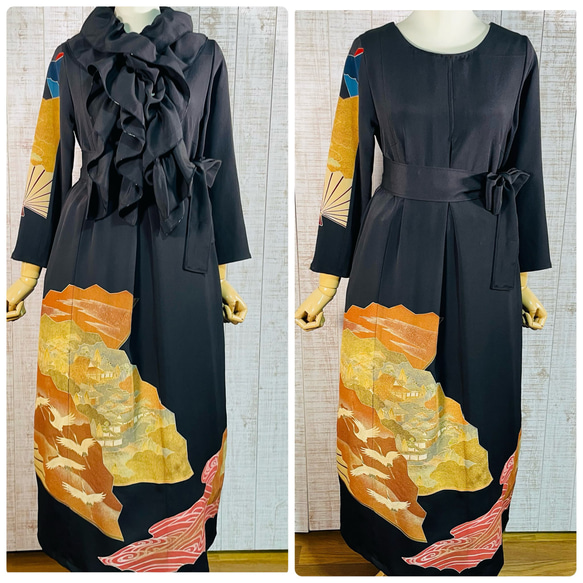 着物リメイク　黒留袖　ロングワンピースＭ〜Ｌ　やわらか色　鶴 着物リメイク＊扇・鶴・家屋など古典柄刺繍正絹黒留袖ワンピース