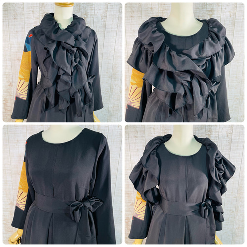 着物リメイク＊扇・鶴・家屋など古典柄刺繍正絹黒留袖ワンピース