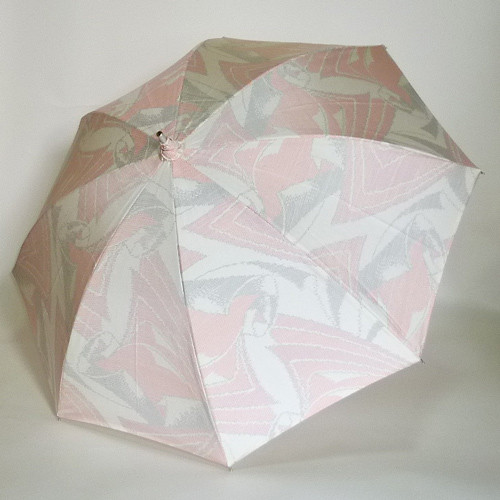 【ハンドルが選べる】白地にピンクとグレーで大胆な抽象柄　本場大島紬の日傘　 シルバーストレッチ式日傘 共布傘袋付