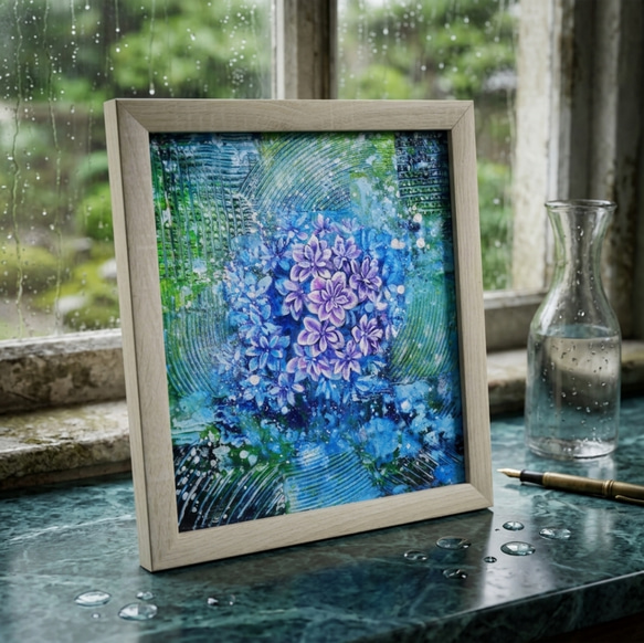 油絵 原画『梅雨の雨』紫陽花 額縁・金具・ラッピング付 【公式通販】