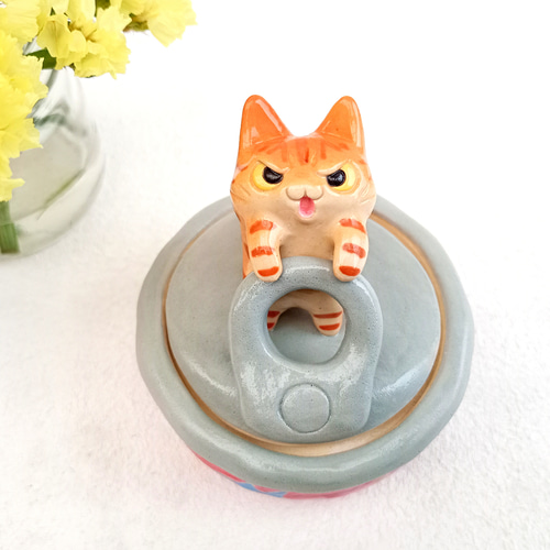 缶詰トラ猫怒り顔 小物入れ ネコ好き陶器 その他インテリア雑貨 工房
