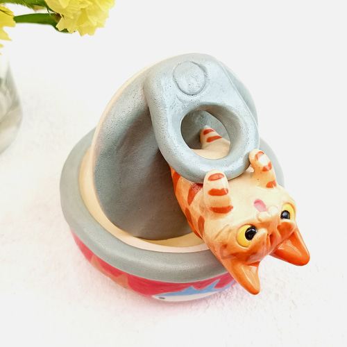 缶詰トラ猫怒り顔 小物入れ ネコ好き陶器 その他インテリア雑貨 工房