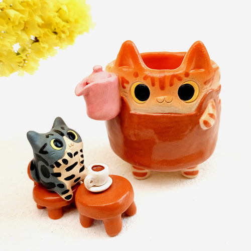 猫カフェ・ミルクピッチャー60ml トラ猫 陶器 クリーマー ポット・急須