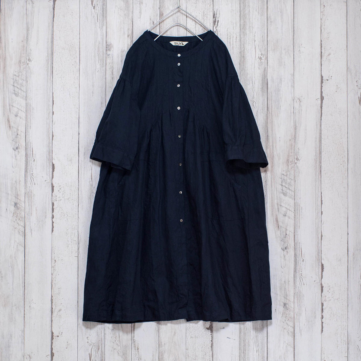 リネン６部袖丈ピンステッチワンピース　藍色