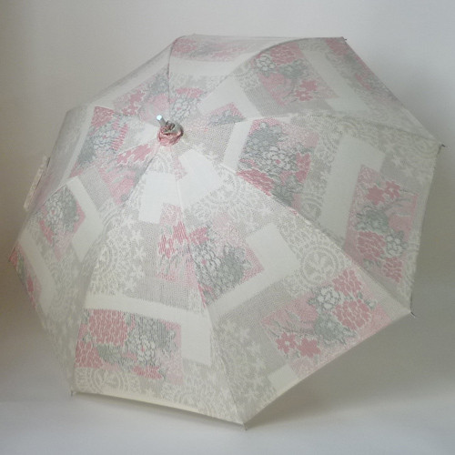 【ハンドルが選べる】　白大島紬の日傘　 シルバーストレッチ式日傘 共布傘袋付