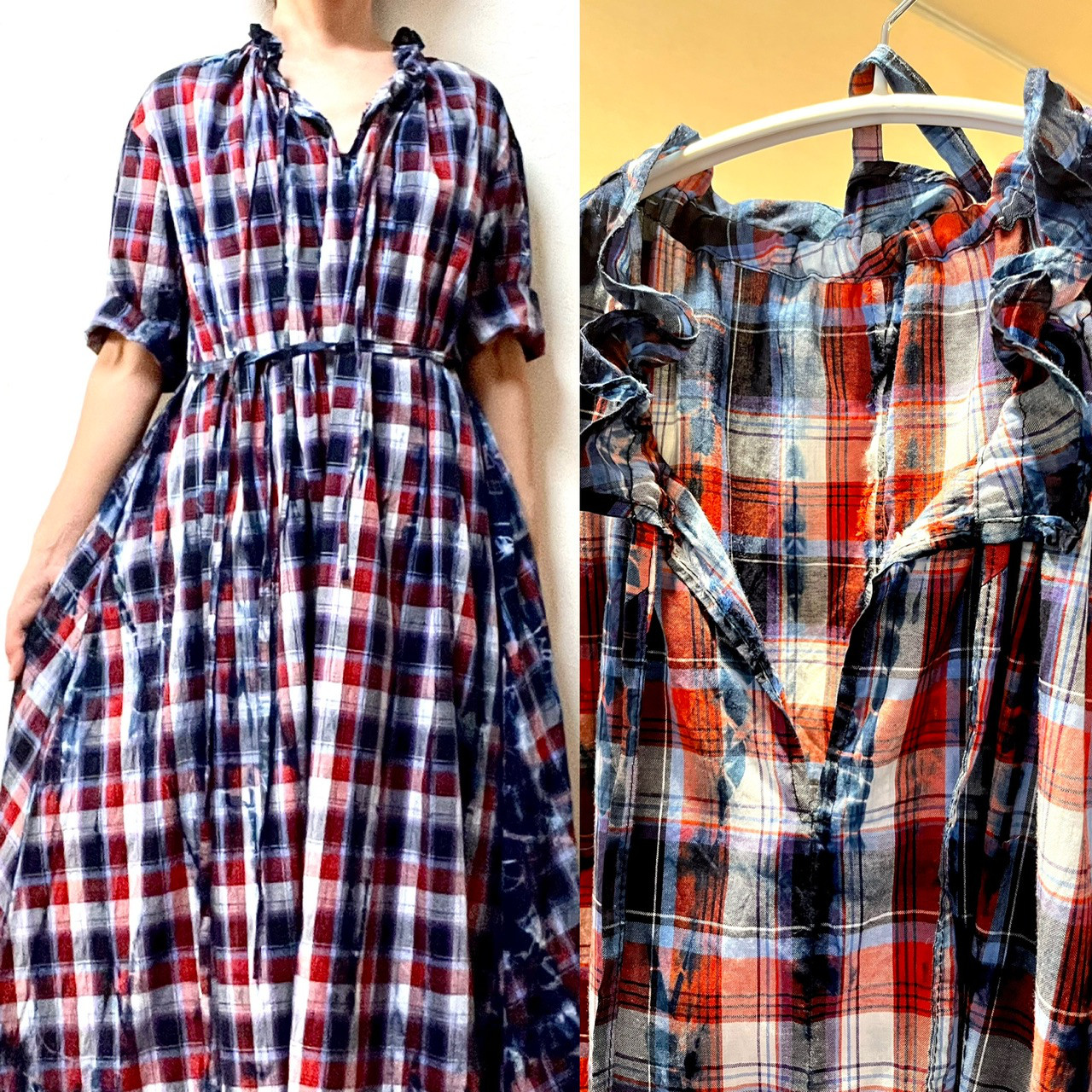 藍染め絞り　チェックのAラインワンピース