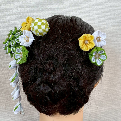 つまみ細工 髪飾り 抹茶 緑 黄色 さがり その他ヘアアクセサリー