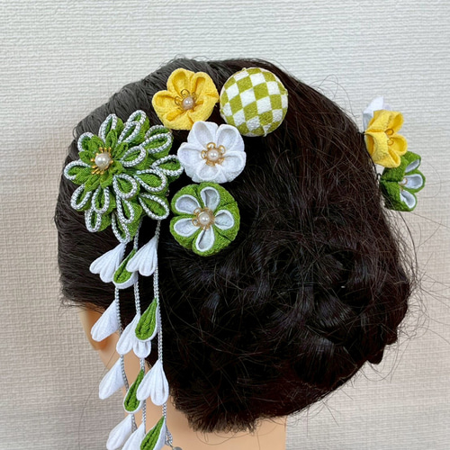 つまみ細工 髪飾り 抹茶 緑 黄色 さがり その他ヘアアクセサリー