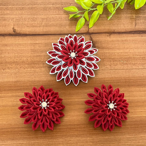 つまみ細工 髪飾り ワインレッド シルバー さがり その他ヘア