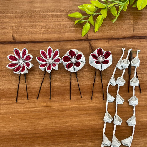 つまみ細工 髪飾り ワインレッド シルバー さがり その他ヘア