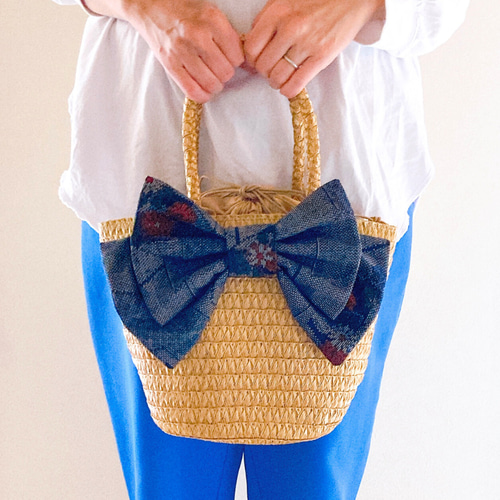 大島紬のリボンが目を引く♡かごバッグ 着物リメイク 浴衣 着物 和風