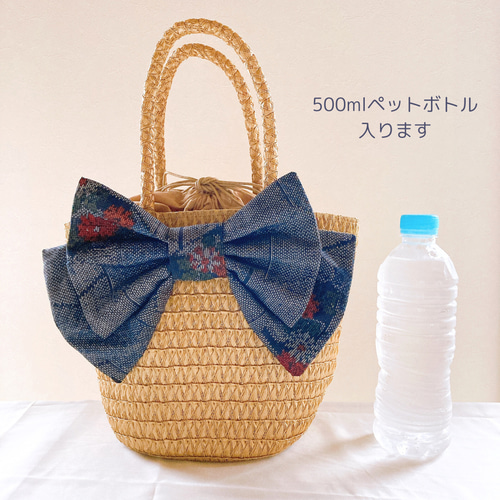 大島紬のリボンが目を引く♡かごバッグ 着物リメイク 浴衣 着物