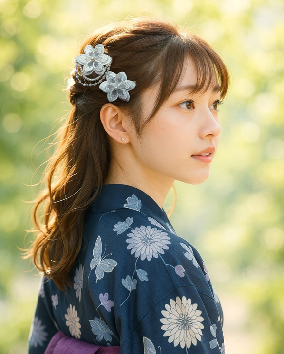 透け感と光沢❁純白ホワイト❁ヘアクリップ２つセット❁オーガンジーレース二枚重ね　ガーランド　【発表会・お呼ばれに】 11枚目の画像