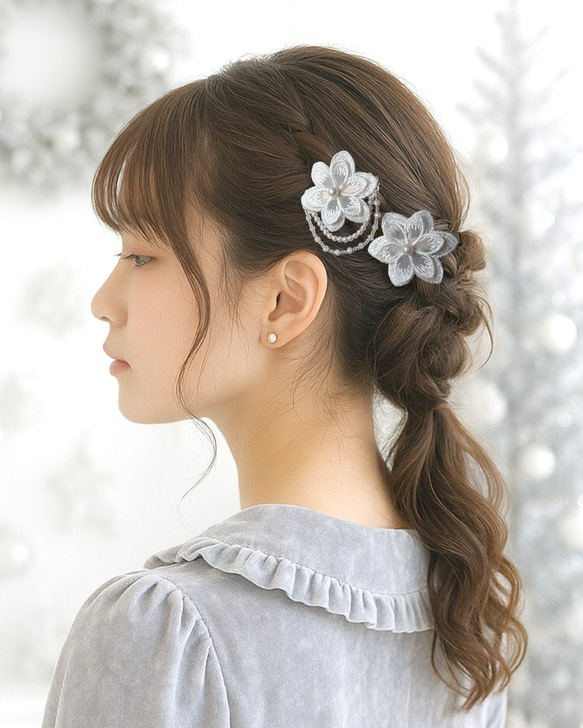 透け感と光沢❁純白ホワイト❁ヘアクリップ２つセット❁オーガンジーレース二枚重ね　ガーランド　【発表会・お呼ばれに】 9枚目の画像