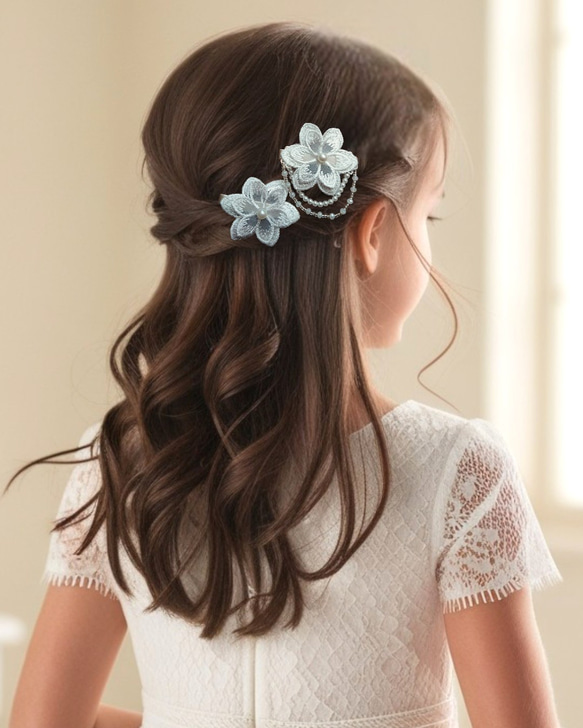 透け感と光沢❁純白ホワイト❁ヘアクリップ２つセット❁オーガンジーレース二枚重ね　ガーランド　【発表会・お呼ばれに】 6枚目の画像