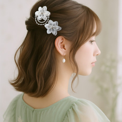透け感と光沢❁純白ホワイト❁ヘアクリップ２つセット❁オーガンジーレース二枚重ね　ガーランド　【発表会・お呼ばれに】 4枚目の画像