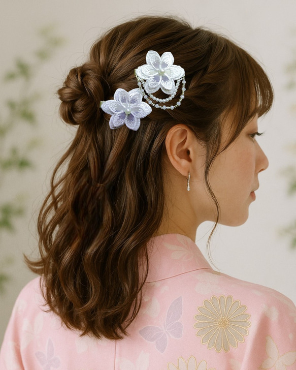 透け感と光沢❁純白ホワイト❁ヘアクリップ２つセット❁オーガンジーレース二枚重ね　ガーランド　【発表会・お呼ばれに】 20枚目の画像