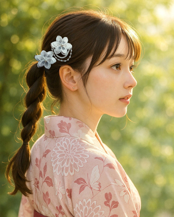 透け感と光沢❁純白ホワイト❁ヘアクリップ２つセット❁オーガンジーレース二枚重ね　ガーランド　【発表会・お呼ばれに】 12枚目の画像