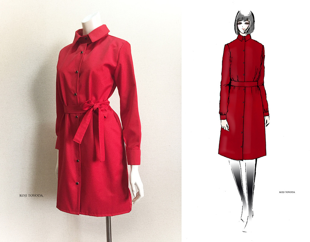 【1点もの・デザイン画付き】綿ポリレッド生地シャツ型ワンピース（KOJI TOYODA）