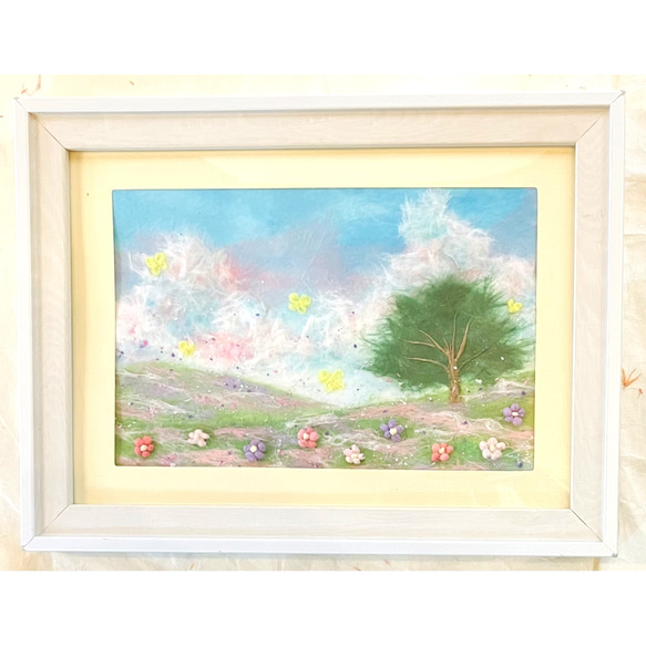 和紙ちぎり絵『蝶々と花の丘』葉書サイズ原画 切り絵 彩紘工房