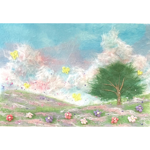 和紙ちぎり絵『蝶々と花の丘』葉書サイズ原画 切り絵 彩紘工房