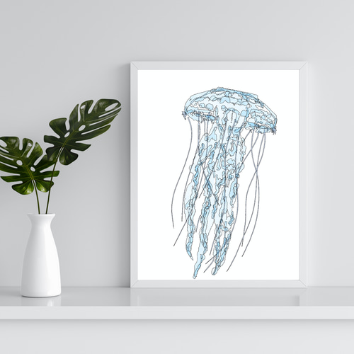 漂うクラゲ】クラゲの抽象画｜ペンと水彩のアート｜海の動物