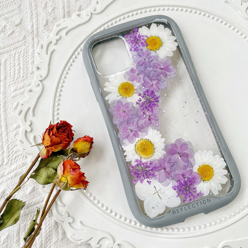 紫陽花iFace風押し花スマホケース、iPhone全機種対応、iPhone16、iPhone15Pro、iPhone8