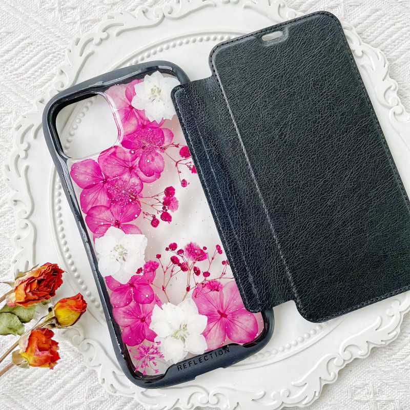 紫陽花iFace風押し花スマホケース、iPhone全機種対応、iPhone16、iPhone15Pro、iPhone8